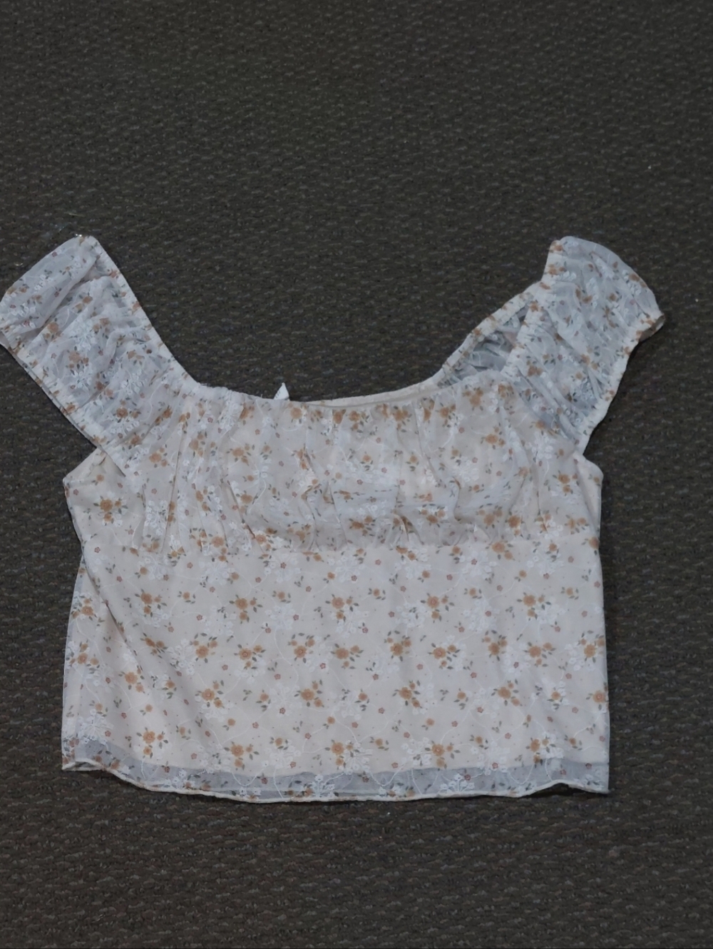Women’s Floral Ruffle Sleeve Crop Top - White with Brown Floral